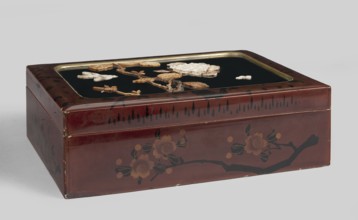 Box, Rectangular box with a put-on lid, decorated with red lacquer painted with a pattern of