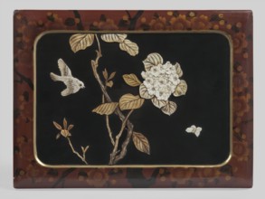 Box, Rectangular box with put-on lid, decorated with red lacquer painted with a pattern of blooming