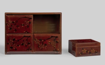 Box, decorated with red lacquer painted with a pattern of blooming cherry blossoms. Rectangular box