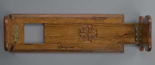 Bookstand, origin unknown, Hebrew; rectangular wooden bookstand with two foldable sides, decorated