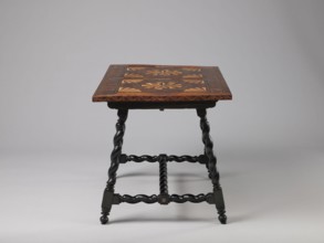 Table, geometric decorations, plant ornaments, rectangular table supported by four straight, spiral
