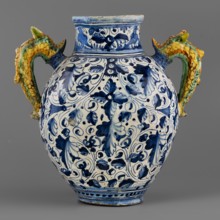 A two-handled, ovoid pharmacy vase with a cylindrical neck, gently flaring at the rim. On the belly