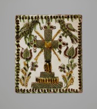 Tile, ceramic tiles with plant decorations and Maltese crosses, depiction of two birds, Hutsul