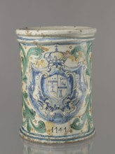 Vessel - flowerpot; cache-pot vessel; cylindrical flowerpot with profiled rollers at base and spout