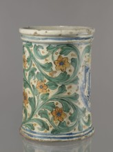Vessel - flowerpot, cache-pot vessel. Cylindrical flowerpot with profiled rollers at the base and