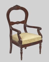 Armchair, veneered with mahogany, with a trapezoidal upholstered seat removable cushion and a