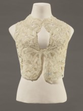 Bodice, lace;, Pattern of rosettes connected by large spiders and heads; pattern of stylized floral