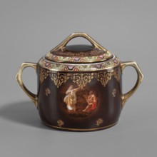 Sugar bowl with lid from a tea service set. Cylindrical sugar bowl with slatted handles,