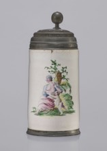 Cylindrical tankard in a pewter frame, Prószków Slaski faience factory; 1763–1853. White, painted
