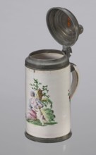 Cylindrical tankard in a pewter frame, Prószków Slaski faience factory; 1763–1853. White, painted