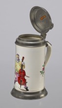 Tin-mounted tankard, Prószków Slaski faience factory 1763–1853. White cylindrical tankard in a