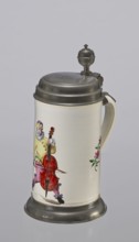 Tin-mounted tankard, Prószków Slaski faience factory 1763–1853. White cylindrical tankard in a