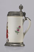 Tin-mounted tankard, Prószków Slaski faience factory 1763–1853. White cylindrical tankard in a