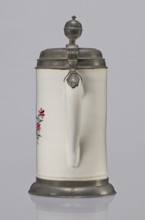 Tin-mounted tankard, Prószków Slaski faience factory 1763–1853. White cylindrical tankard in a