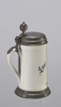 Tin-mounted tankard, Prószków Slaski faience factory 1763–1853. White cylindrical tankard in a