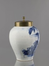 Tobacco jar with brass lid. Ovoid faience vase with a low, slightly parted neck, painted in cobalt