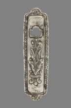 Mezuzah, Judaica; rectangular profiled sheet of low-grade silver edged with a flat ribbon decorated