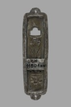 Mezuzah, Judaica; rectangular profiled sheet of low-grade silver edged with a flat ribbon decorated