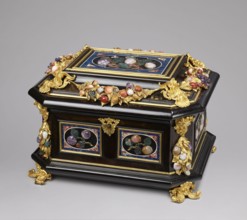 Jewel box, pietra dura technique. Jewel box made of blackened wood, partly ebony, cuboid with