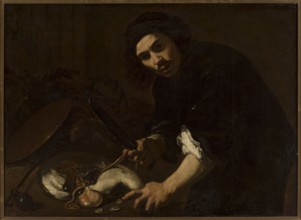 Man Dressing a Fish, Fidani, Orazio 1610–1656, painter; genre scene depicting a man dressing a