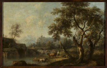 Mountainous landscape with cattle at a watering hole, Cimaroli, Giovanni Battista fl. ca. 1726–post