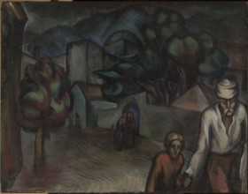 Cityscape with Figures, Roman Petrovic 1896–1947, painter; 1924; oil painting; subject: cityscape
