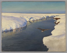 Winter Landscape with a River and a Bird, Julian Falat 1853–1929, painter., rivers, birds,