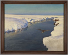 Winter Landscape with a River and a Bird, Julian Falat 1853–1929, painter. Subject: winter