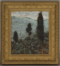 Cypresses under the mountain, Jan Bohuszewicz 1878–1935, painter; contemporary painting, interwar