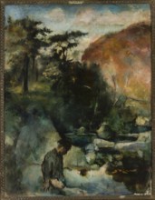 Landscape with a lake and trees, unknown author, trees, lakes, landscapes, 1928, painting, height