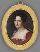 Portrait of a Young Woman in a Red Dress, unknown artist, bust three-quarters left. Dark hair with