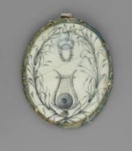 Two branches entwining an oval. Two laurel wreaths at the top, a lyre at the bottom. On the