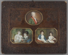 a Portrait of a man in a green tailcoat with red lapels, head of the family; b girl and boy with a