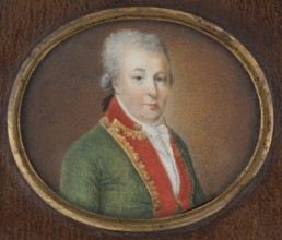 a Portrait of a man in a green tailcoat with red lapels, head of the family; b girl and boy with a