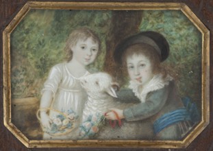 a Portrait of a man in a green tailcoat with red lapels, head of the family; b girl and boy with a