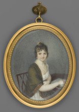 Portrait of a Woman Sitting at a Table, unknown painter. Interiors office, table, chair; young