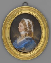 Portrait of a Young Woman. Bust 3/4 left, head almost in profile. Blond hair in long curls, tied