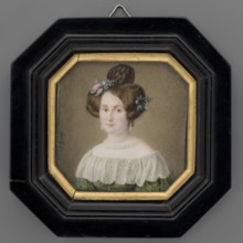 Portrait of Pastor Kraus's wife in a green dress decorated with a berta, Gauff, Johannes 1804-1858