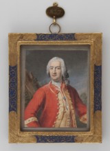 Portrait of a man in a red tailcoat, unknown painter; portrait bust, up to the waist of a man