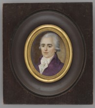 Portrait of a man in a purple tailcoat, bust three-quarters left. White wig; white cravat tied with