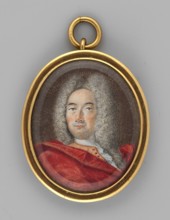 Portrait of a man in a curly wig and a red coat. Shoulder-length portrait, bust 3/4 right, head