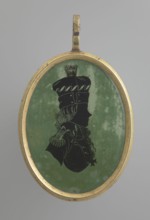 Tadeusz Kosciuszko in a general's uniform, profile silhouette. Black silhouette on a light green