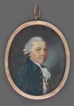 Portrait of an elderly man in a blue-green tailcoat, half-length facing right. Gray wig with two