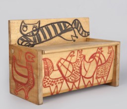 Wooden bench from a set of doll furniture. Wooden bench with a box closed by a flap forming the