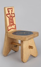 A stool-type chair from a set of doll furniture with painted decoration on the backrest schematic