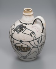 A jug with a handle with painted decoration — stylized figures of people robbers and musicians and