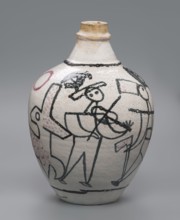 A painted ceramic jug with a handle, decorated with stylized figures of people robbers and