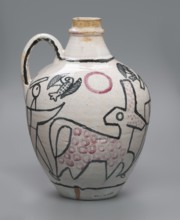 A jug with a handle with painted decoration — stylized figures of people robbers and musicians and