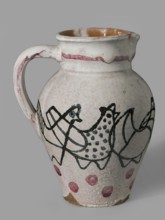 Jug with a handle with zoomorphic decoration: procession of hens; made 1949 by Antoni Kenar