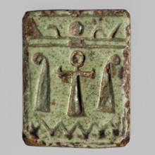 Amulet plaque with the head of the goddess Hathor;, Hathor myth, Egyptian deity; plaque amulet with